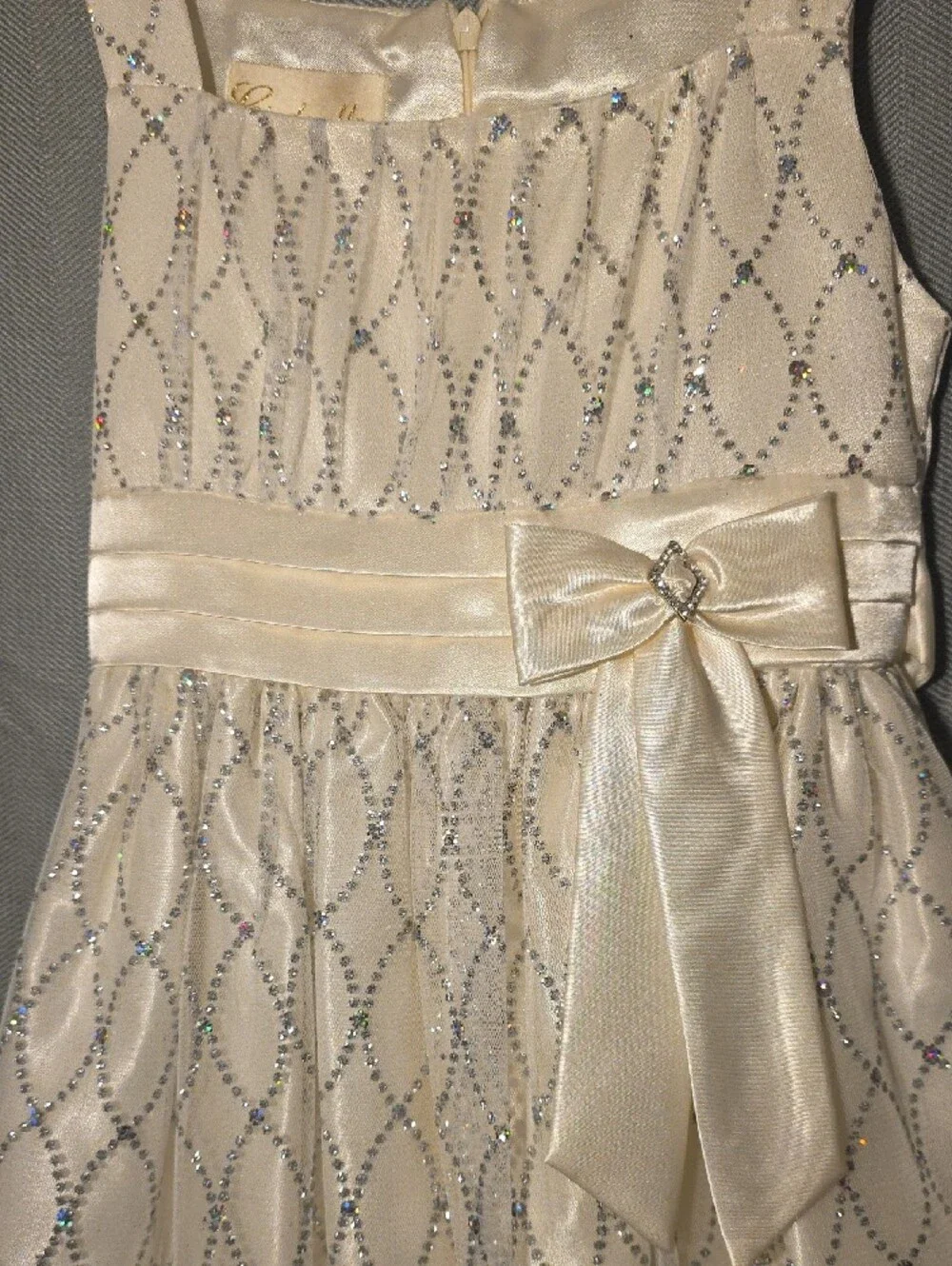 Cinderella Ivory Satin & Glitter Overlay Dress with Bow